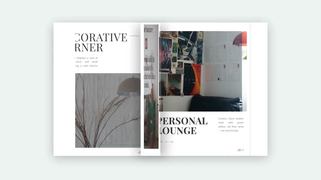 A “Decorative Corner / Personal Lounge” spread of a lived-in room